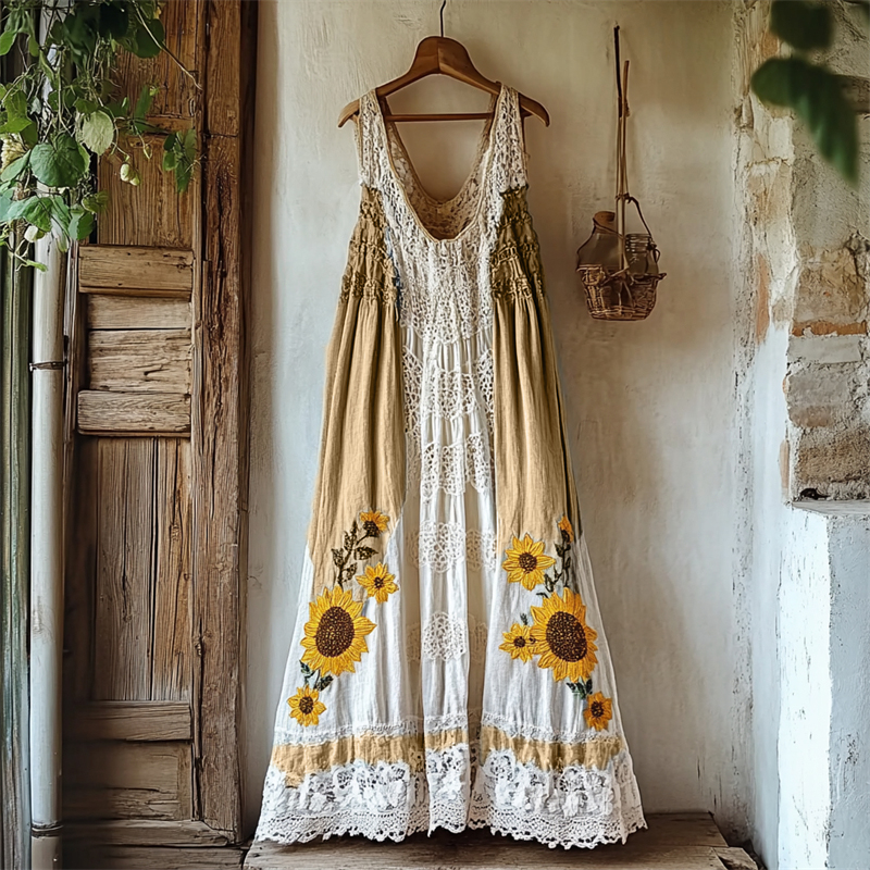 Boho Sunflowers Embroidered Gradient Lace Patchwork Linen Dress