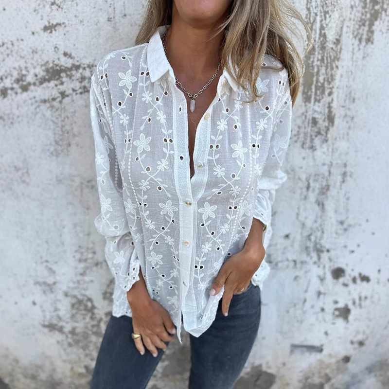 New Embroidered Lace Cotton Linen Women's Shirt