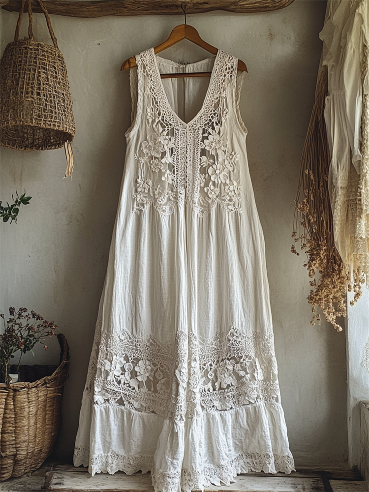 Vintage Floral Hollow Lace Patchwork Linen Maxi Dress