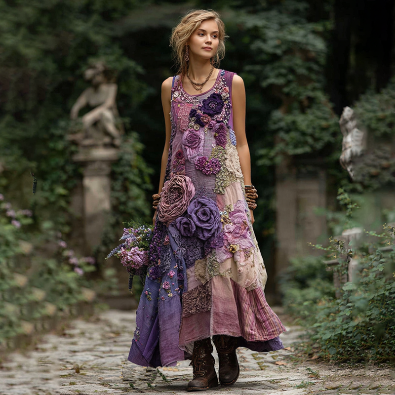 Classy Gradient Purple Lavender And Floral Embroidered Linen Maxi Dress