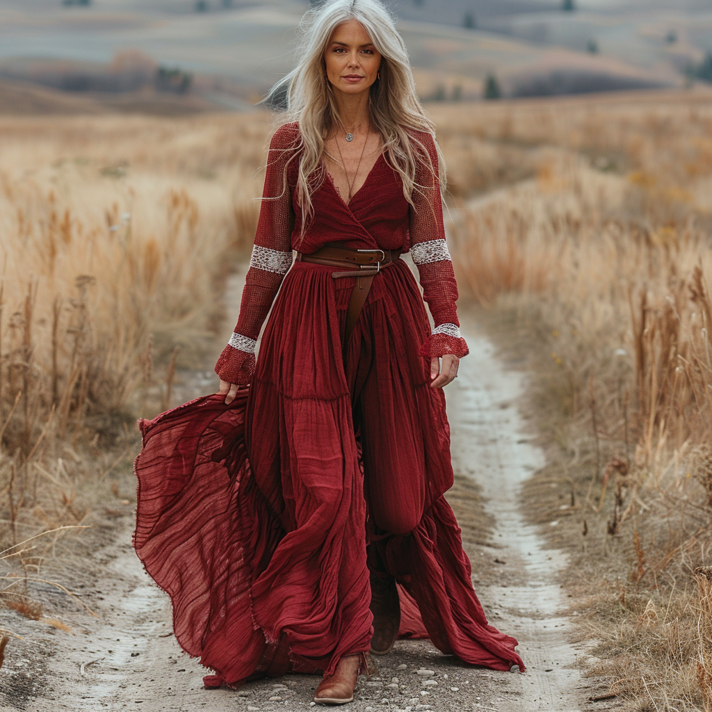 Women's Vintage Paneled Linen Long-sleeve Maxi Long Dress