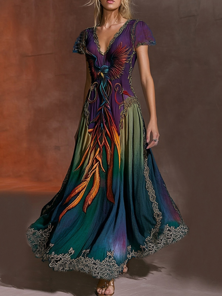 Women's Northern Celtic Knot Phoenix Totem Ombre Linen Maxi Dress