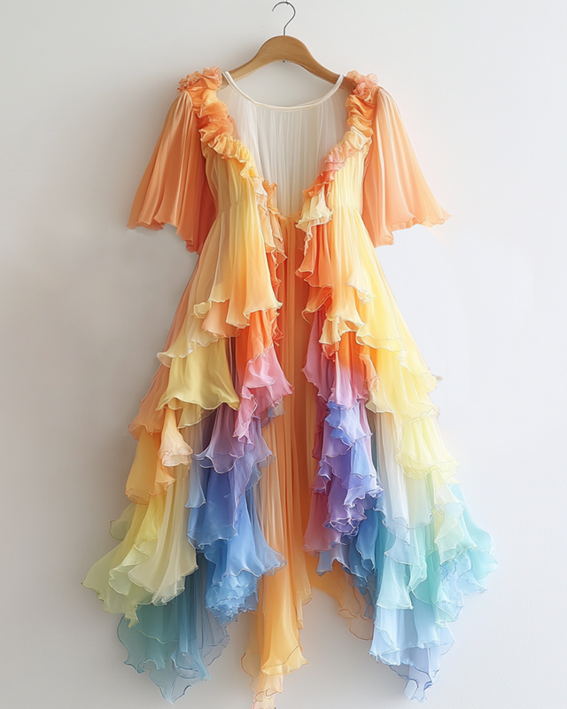 Rainbow gradient lotus leaf irregular chiffon cardigan
