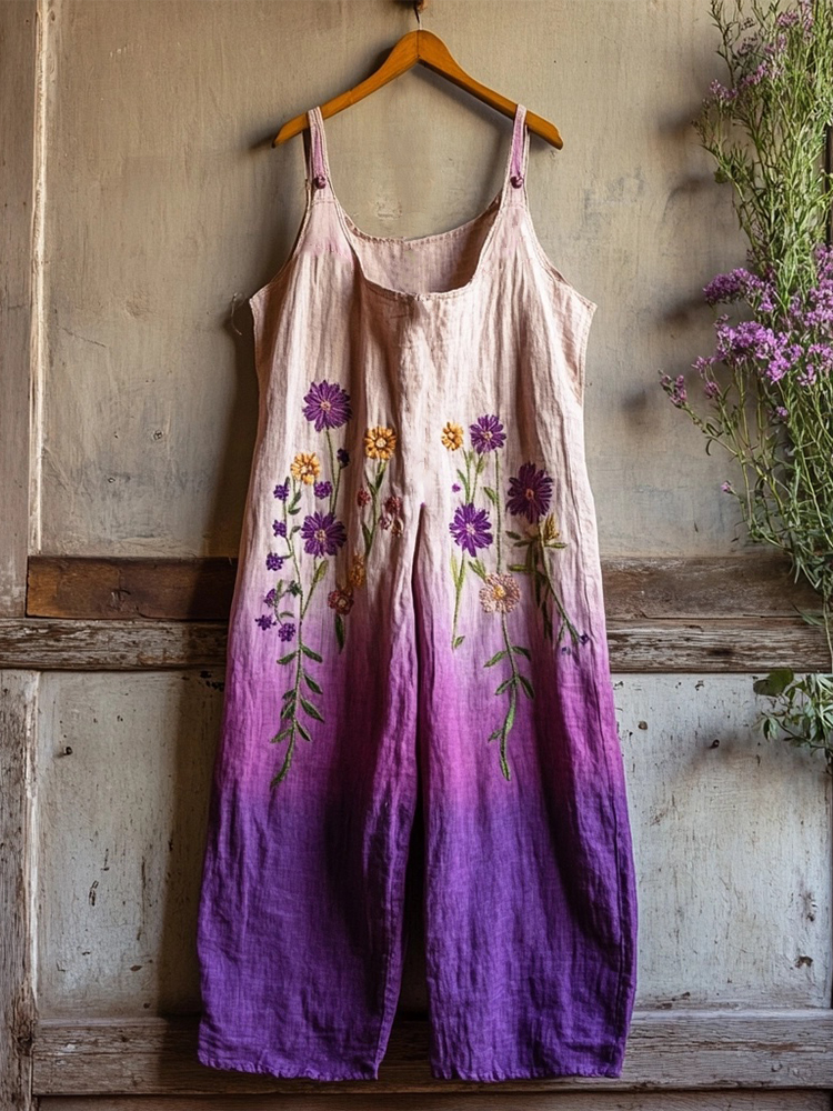 Women's Floral Embroidered Linen Blend Gradient Jumpsuit