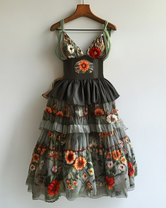 Patchwork Waist Print Princess Dress