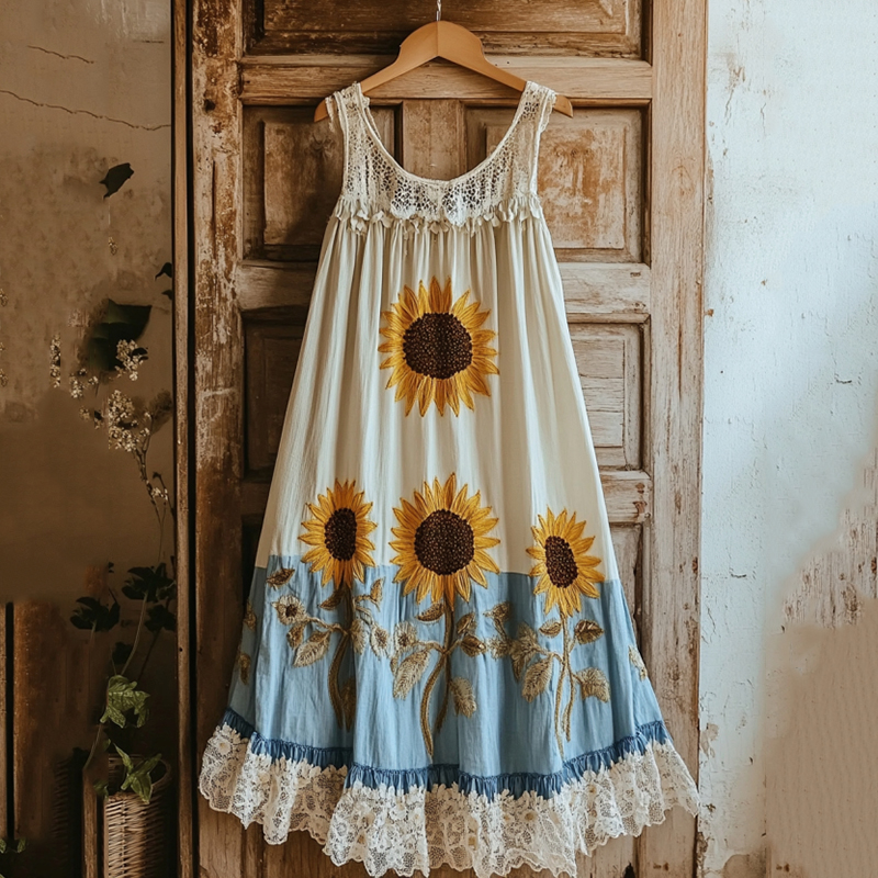 Vintage Sunflower Embroidered Lace Patchwork Art Linen Dress