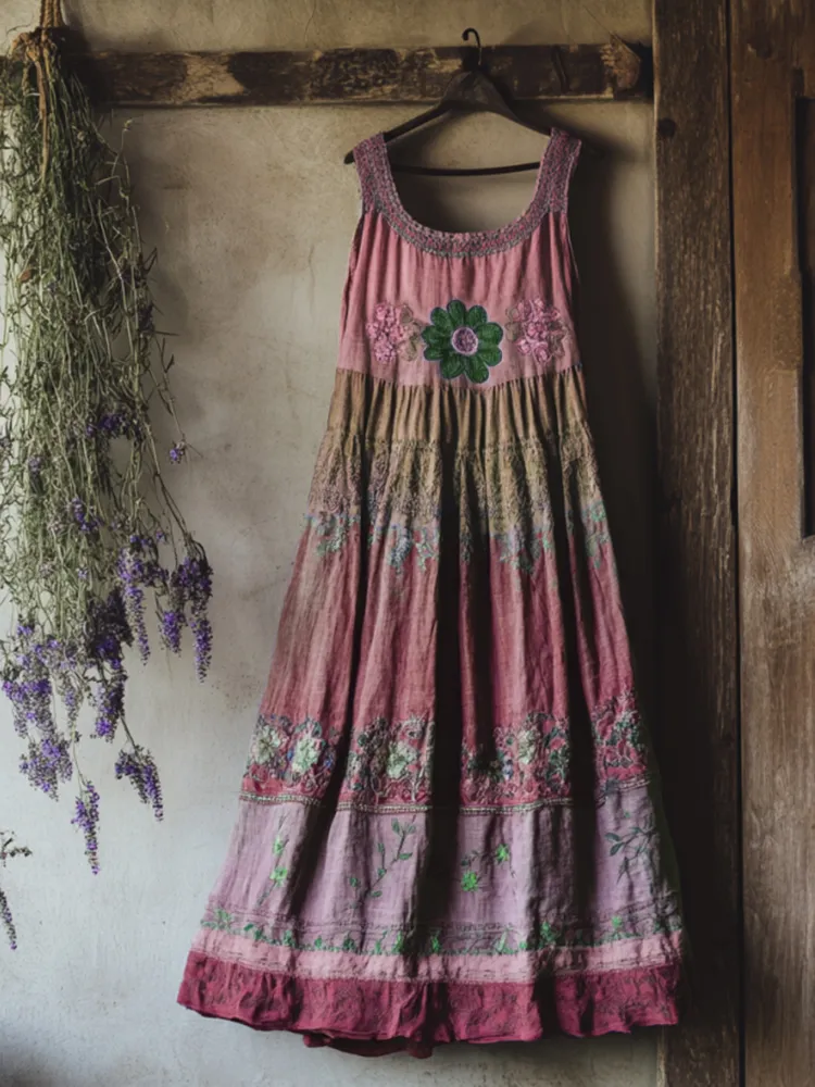 Vintage Bohemian Lavender Embroidery Patchwork Art Sleeveless  Cozy Linen Maxi Dress