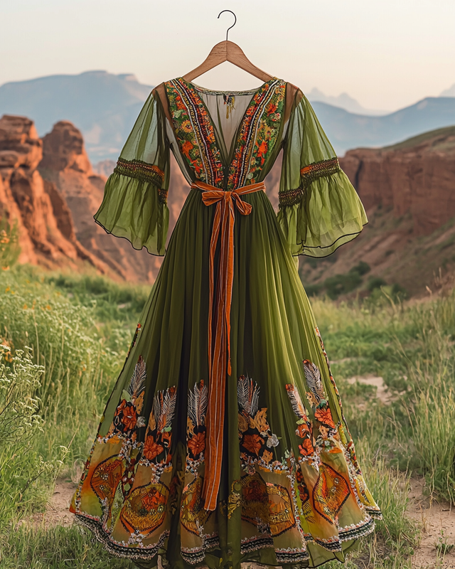 Summer vacation bohemian hand embroidered chiffon dress