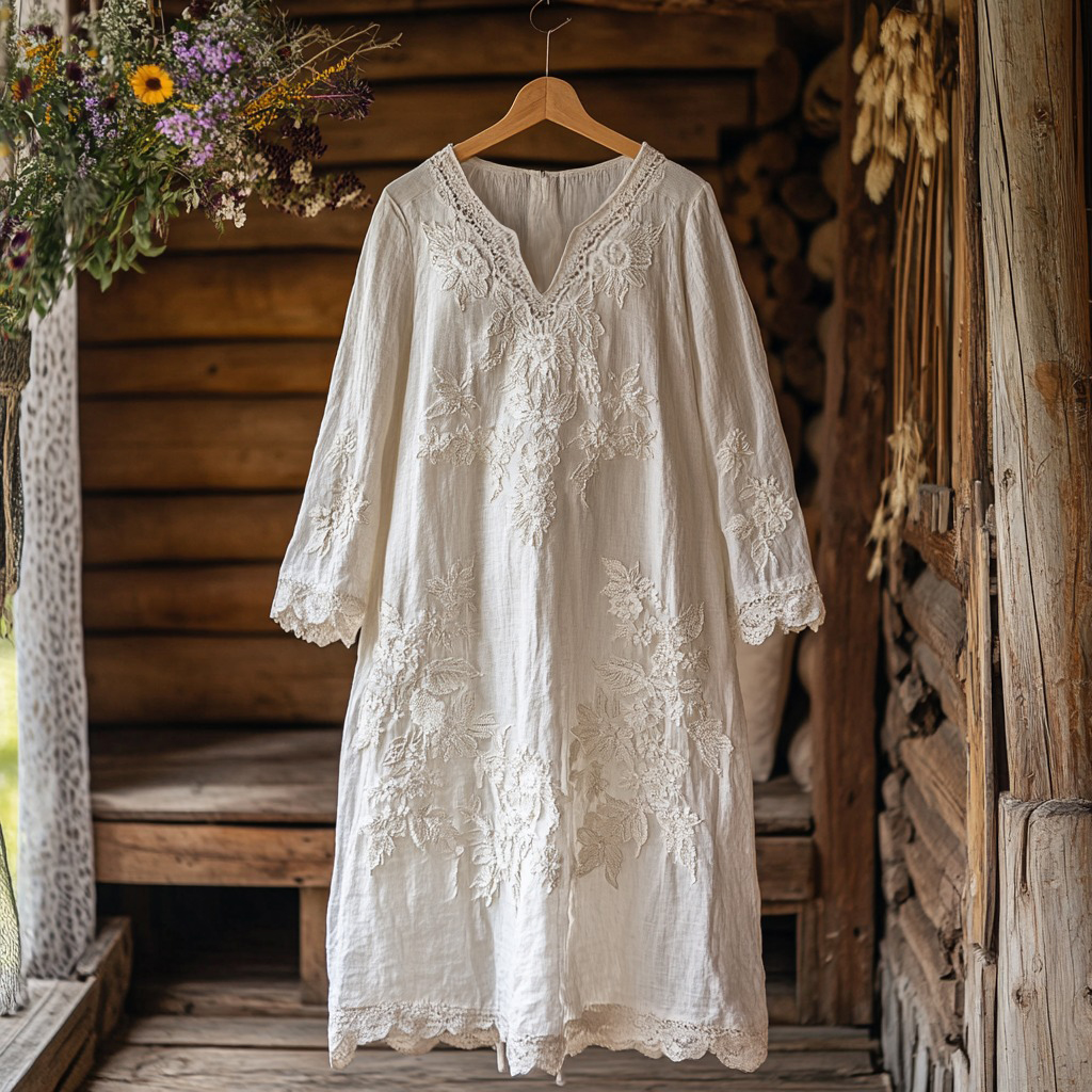 Floral Embroidery Lace Art Linen Blend Maxi Dress