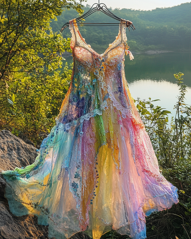 Summer Irregular Lace Patchwork Beaded Ruffle Dress