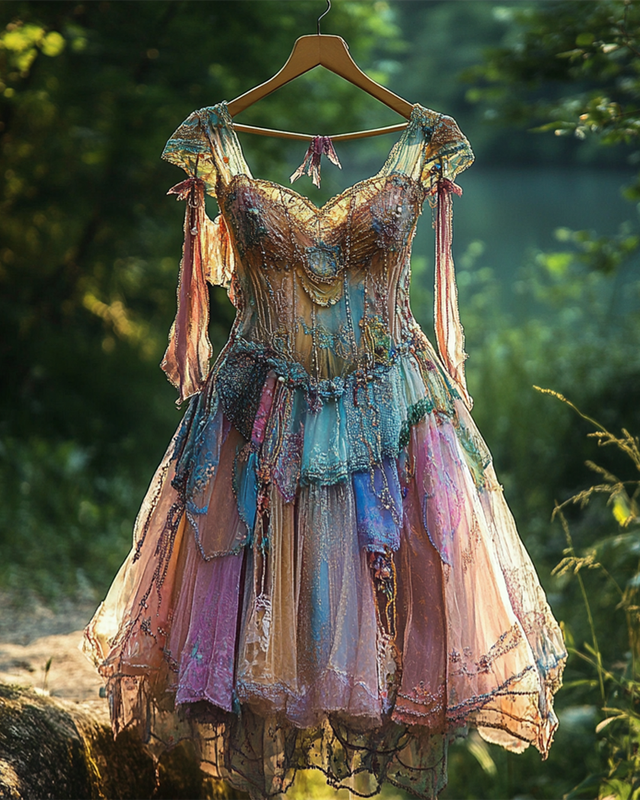 Summer Irregular Lace Patchwork Beaded Ruffle Dress