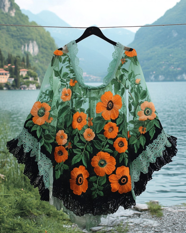 Summer Vacation Lace Chiffon Contrast Top