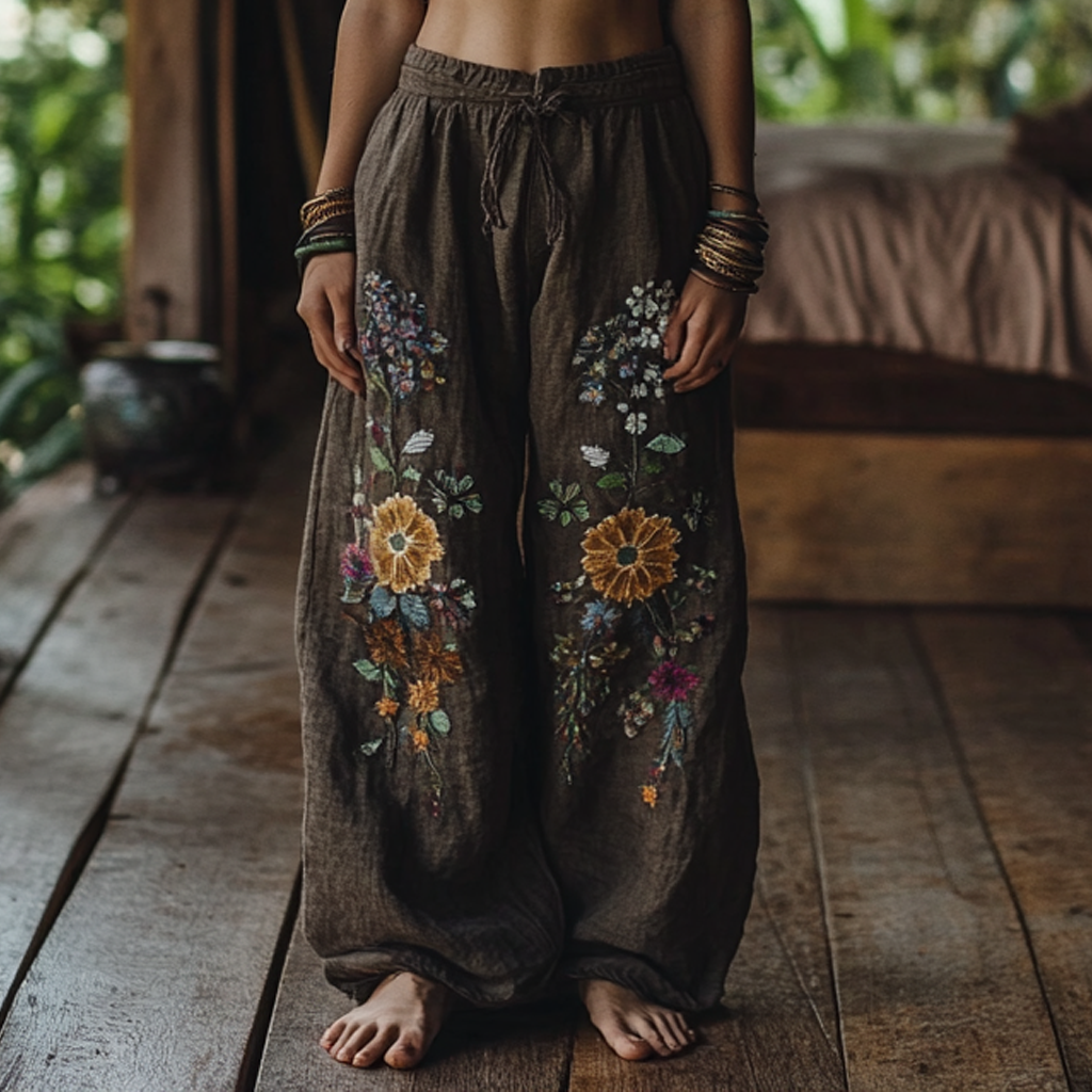 Vintage Bohemian Resort Forest Floral Art Printed Cotton Linen Wide Leg Pants