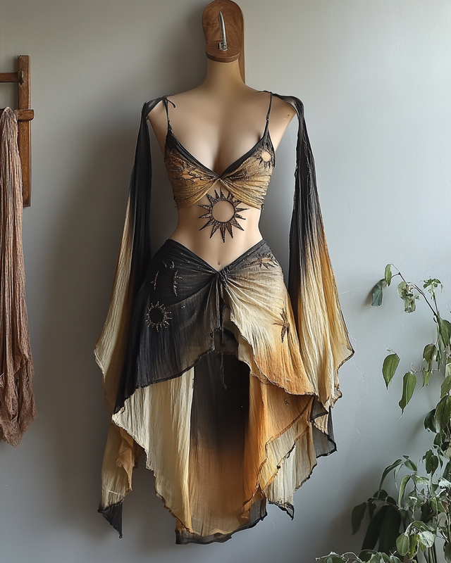 Vacation Sun And Stars Handmade Color-Blocking Rainbow Irregular Crop Top + Skirt Two Piece Set