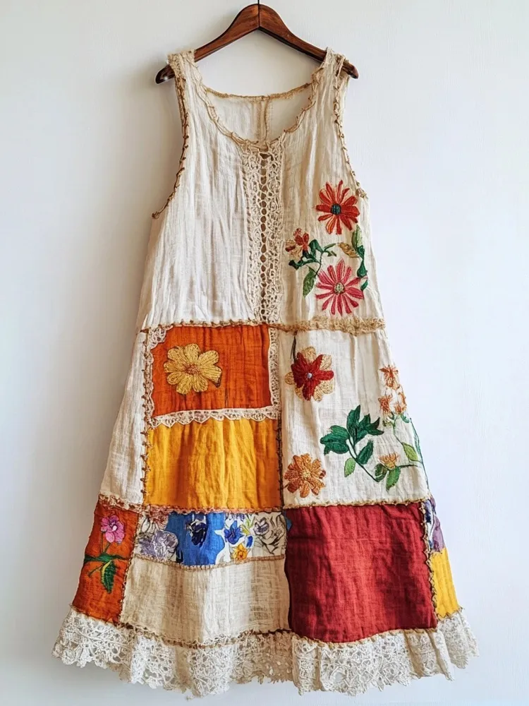 Boho Floral Lace Patchwork Linen Blend Dress