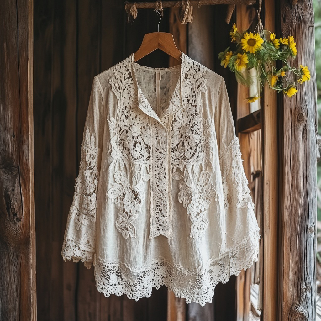 Women's Retro Floral Lace Embroidery Art V-neck Shirt