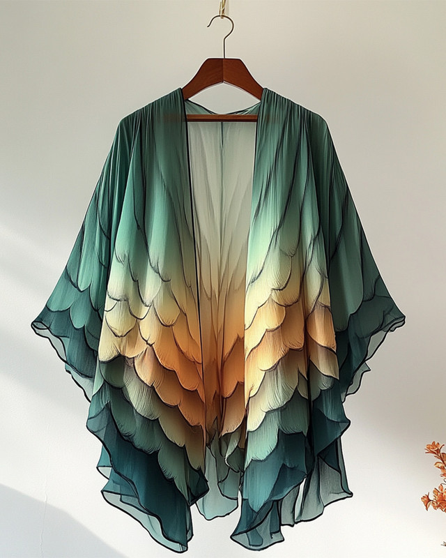 Summer comfortable handmade feather theme embroidery print gradient color cardigan