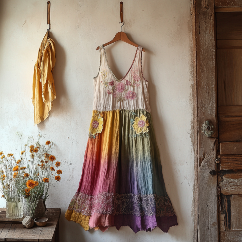 Retro Boho Floral Art Embroidery Print Lace And Linen V-neck Sleeveless Midi Dress