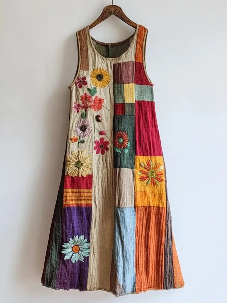Colorful Patchwork Floral Embroidered Linen Blend Dress