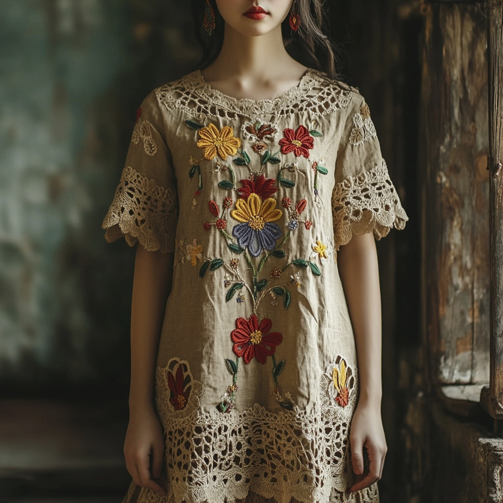 Vintage Lace Floral Embroidery Women's Linen Dress
