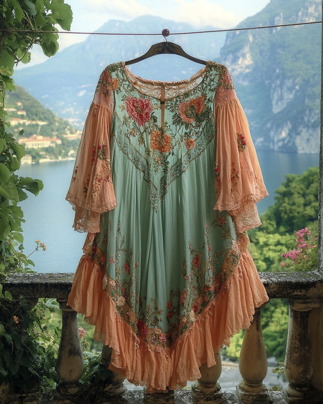Summer Vacation Ruffle Lace Chiffon Kaftan Dress