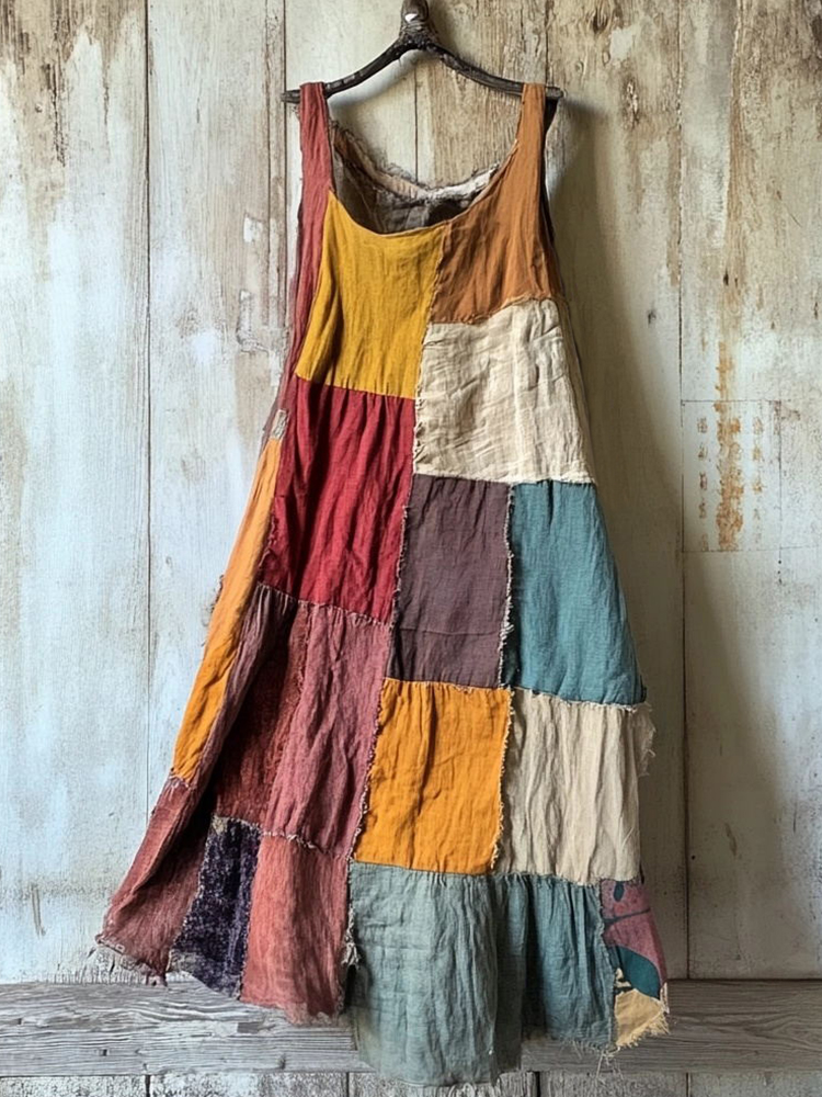 Multicolor Patchwork Art Linen Blend Vintage Dress