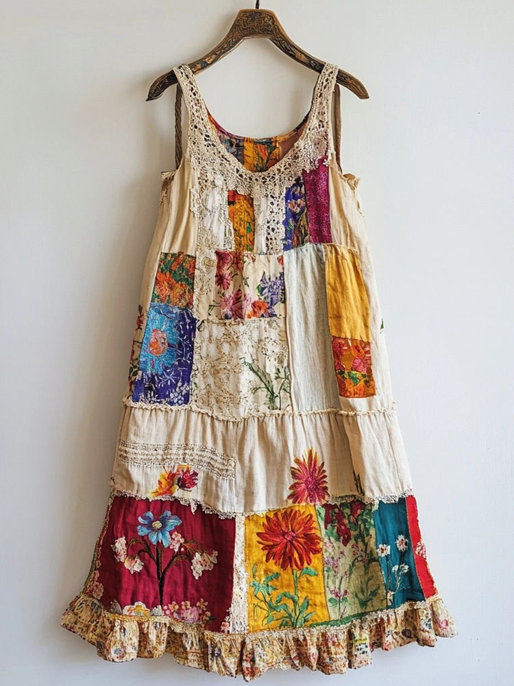 Vintage Floral Pattern Patchwork Art Linen Blend Dress