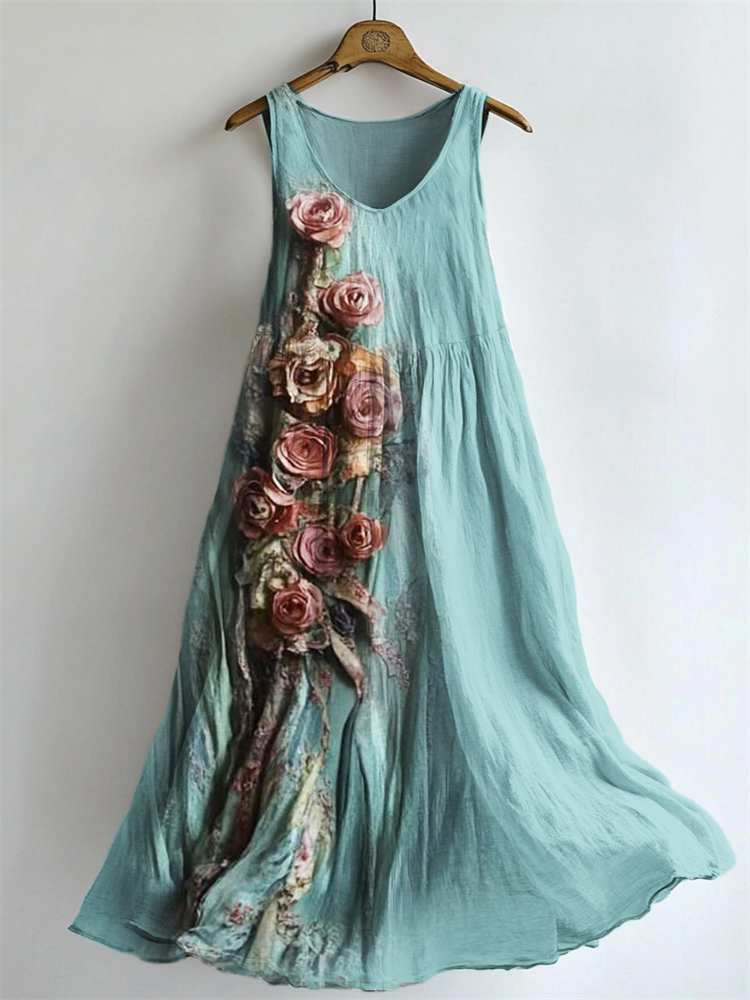 Vintage Roses Floral Flowy Linen Maxi Tank Dress