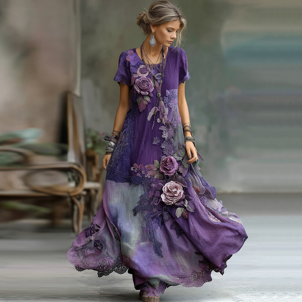 Vintage Bohemian Embroidered Floral Patchwork Short Sleeve Maxi Dress