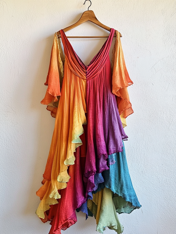 Asymmetrical dress with ruffles for vacation or daily wear