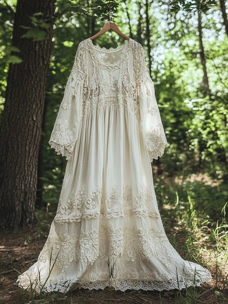 Vintage Floral Embroidered Lace Hem Linen Flowy Maxi Dress