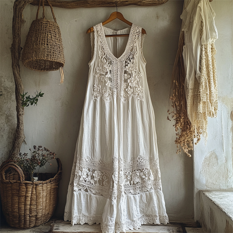 Vintage Floral Hollow Lace Patchwork Linen Maxi Dress