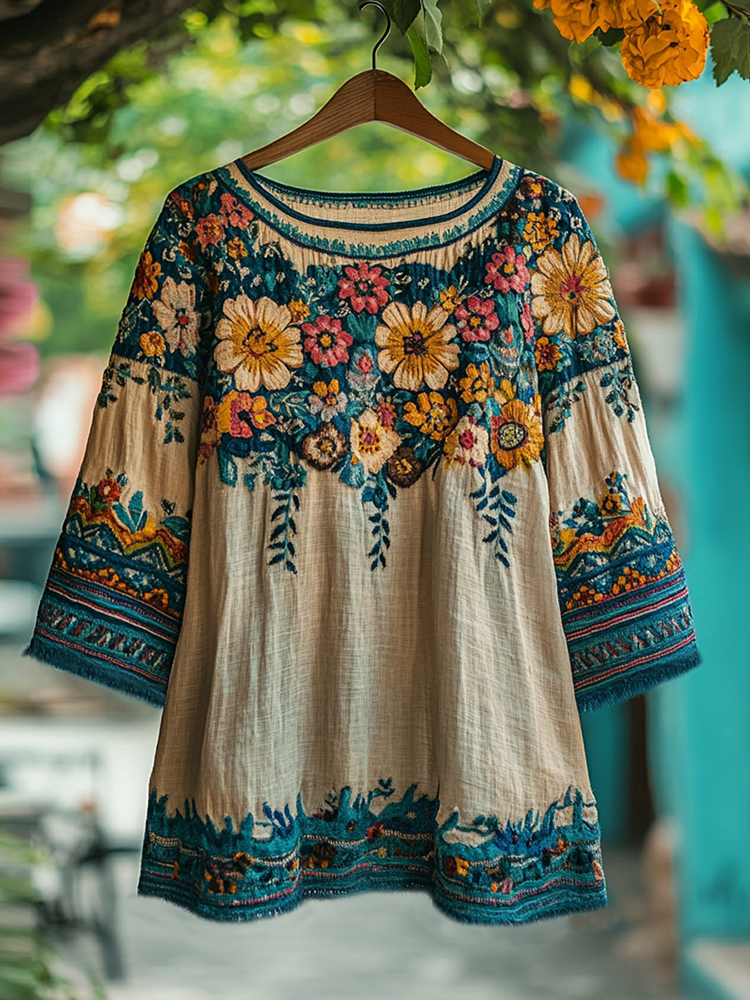 Women's Bohemian Vacation Floral Round Neck T-shirt