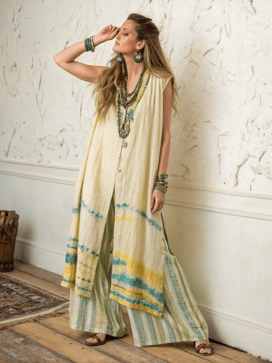 Women's cotton and linen long vest suit