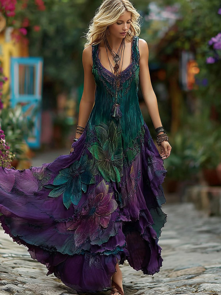 Vintage Purple Floral Embroidered Gradient Art Linen Sleeveless Maxi Dress