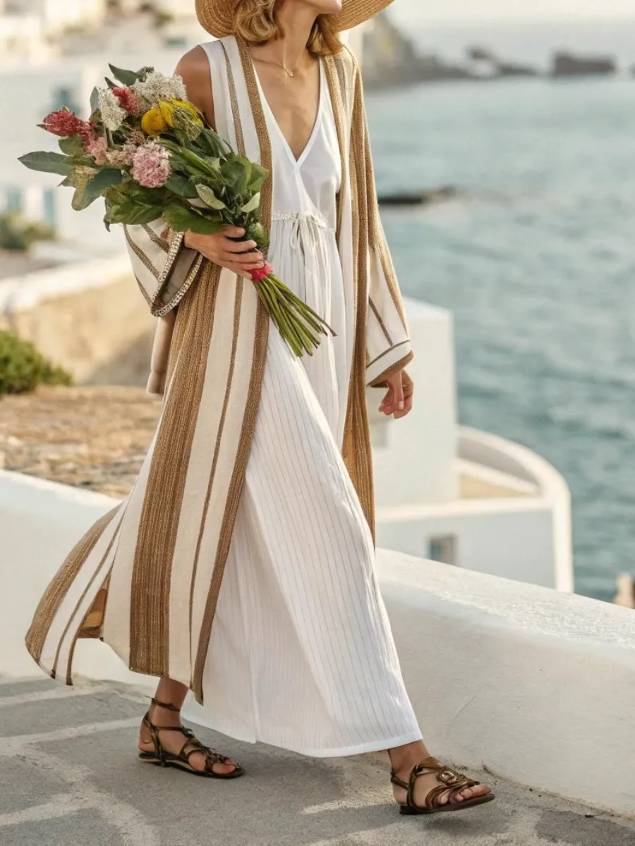 Women's cotton and linen striped robe suit