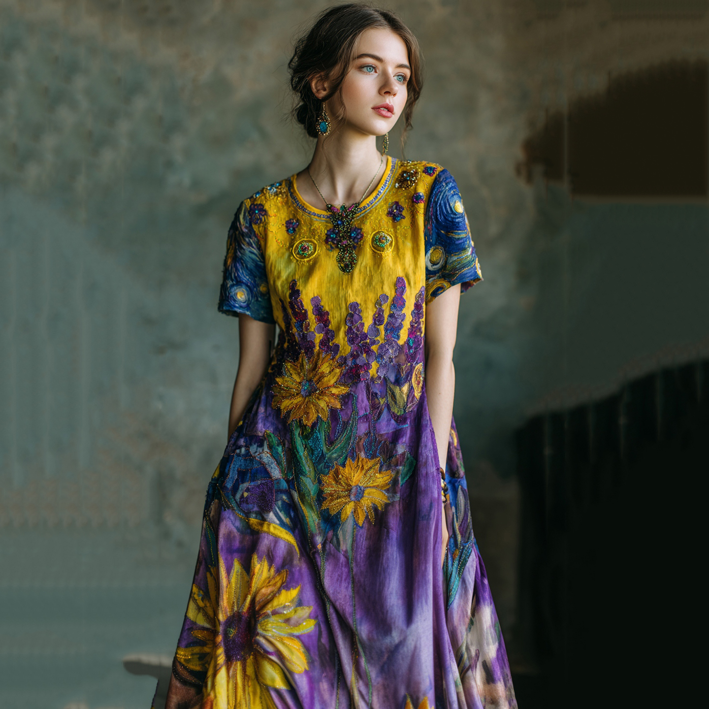 Lavender Starry Sky Oil Painting Print Linen Maxi Dress