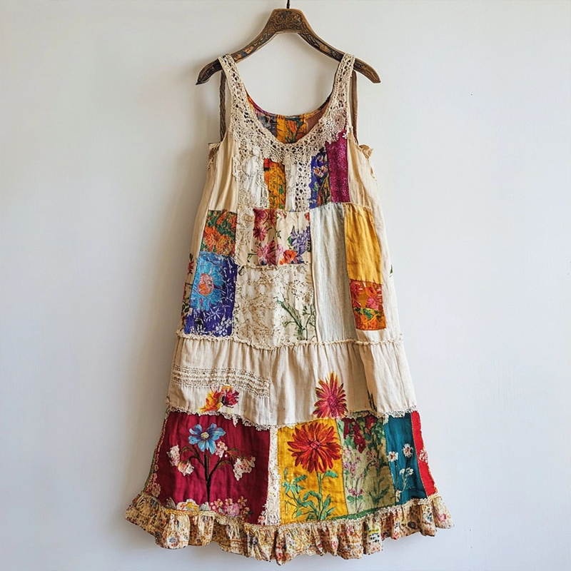 Vintage Floral Pattern Patchwork Art Linen Blend Dress