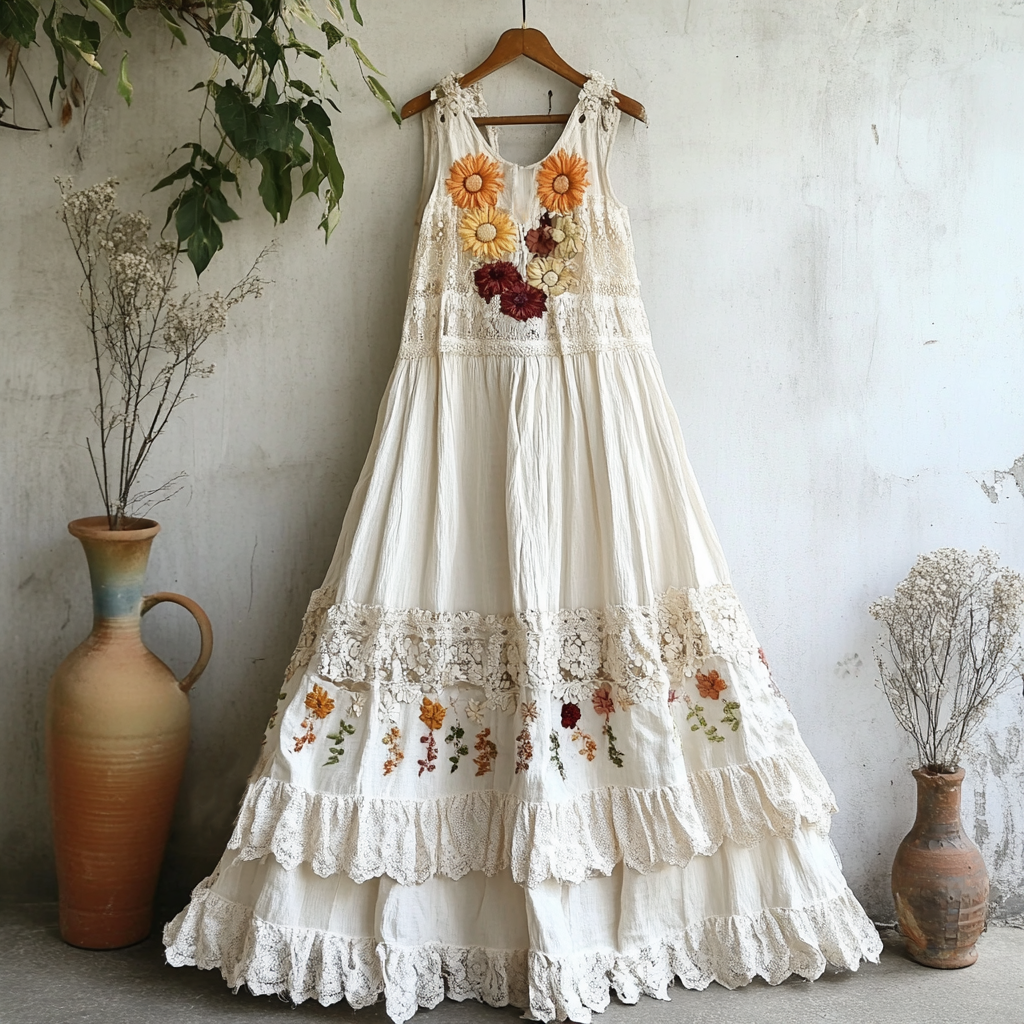 Bohemian Floral Embroidered Lace Sleeveless Dress