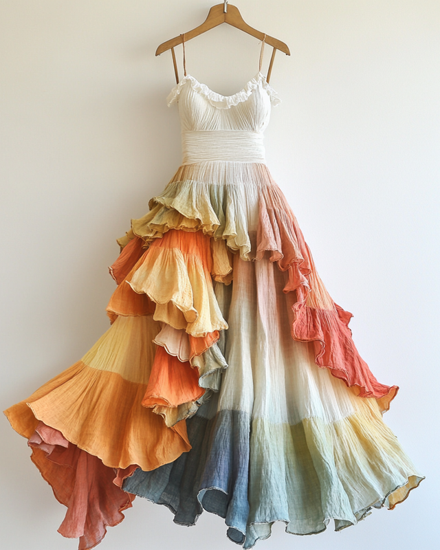Rainbow Gradient Pleated linen Slip Dress
