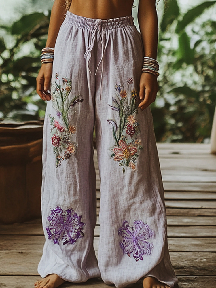 Vintage Bohemian Floral Art Printed Cotton Linen Wide Leg Pants