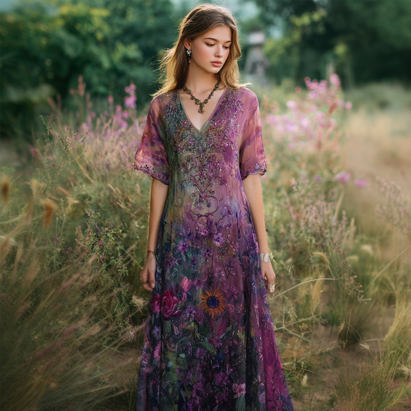 Boho Vintage Floral Pattern V Neck Linen Maxi Dress