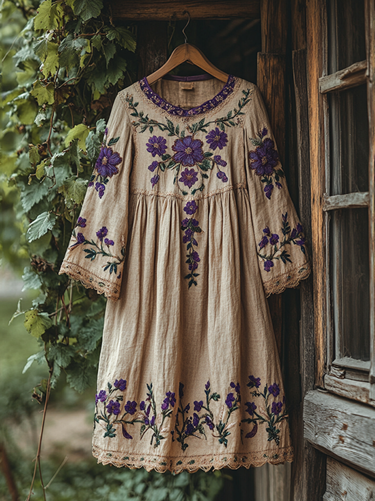 Vintage Floral Embroidery Loose Midi Dress