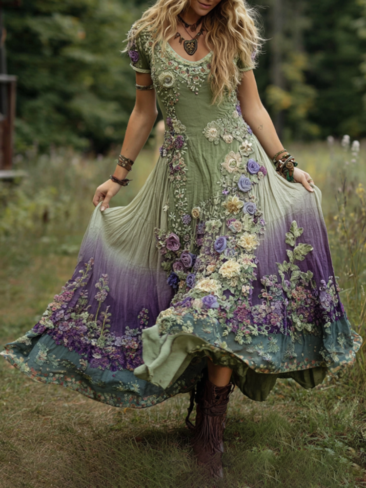 Classy Gradient Purple Lavender And Floral Embroidered Linen Maxi Dress