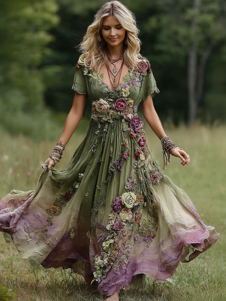 Women's Vintage Floral Embroidery Gradient Pattern V-neck Maxi Dress