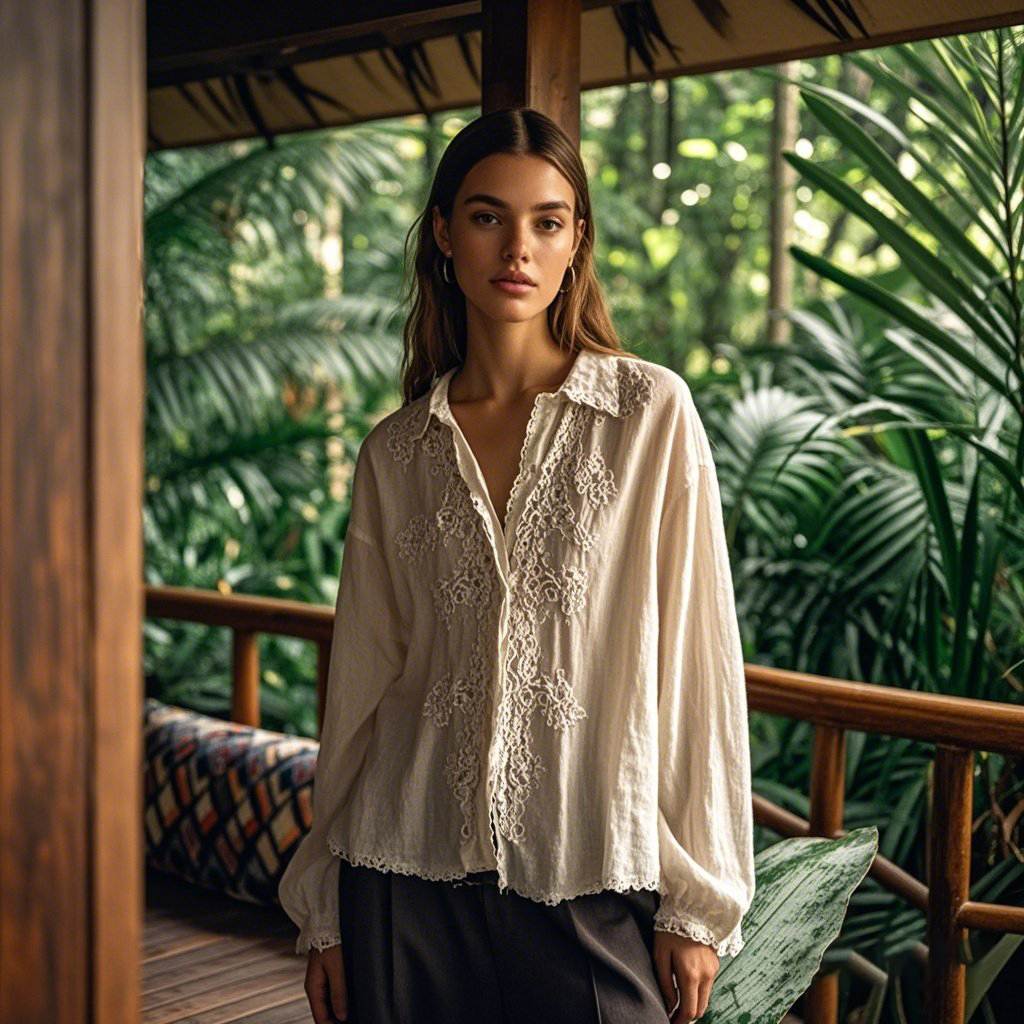 Women's Lovely Floral Lace Embroidery Art Long Sleeve Shirt