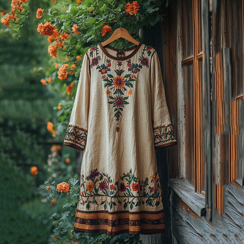 Vintage Floral Embroidery Linen Blend Loose Midi Dress