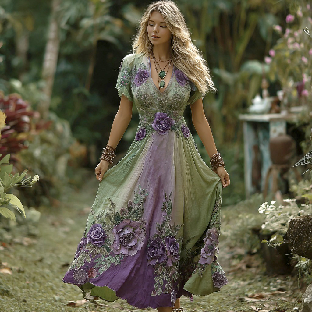 Vintage Gradient Purple Floral Embroidered Linen Short Sleeve Maxi Dress