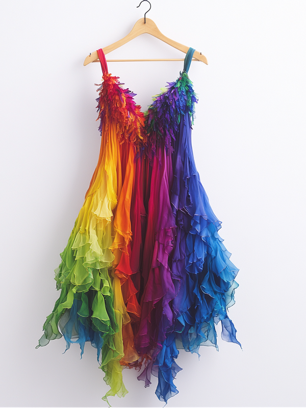 Summer color block ruffled chiffon dress