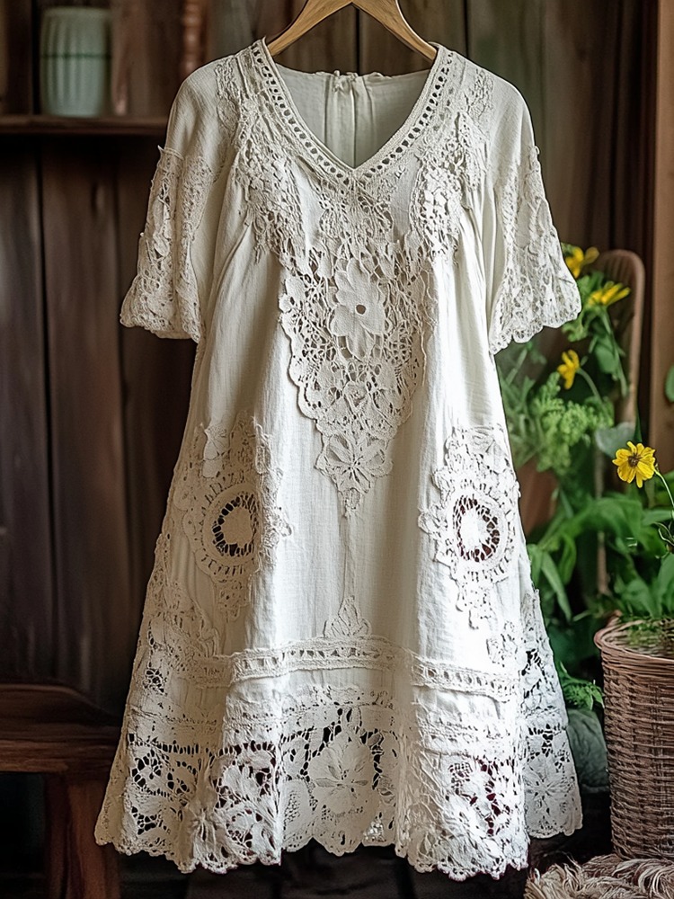 Women's Retro Lace Floral Embroidery Art Midi Dress